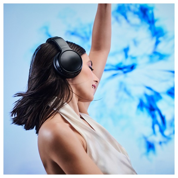Panasonic RB-M600BE Wireless Stereo Headphones with Hybrid ANC, Black - Lifestyle image, modelled dancing 