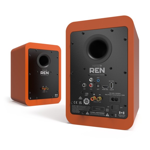 Kanto REN Bluetooth Speakers, Matte Orange - Angled Rear