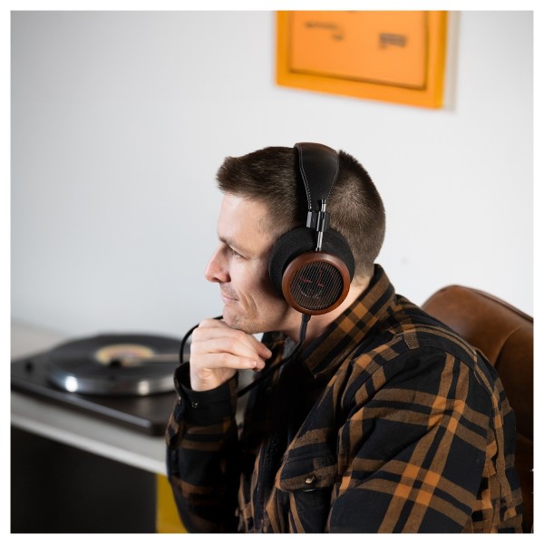Grado Signature S950 Open-back Headphones, Brazilian Walnut - thinking man in plaid 