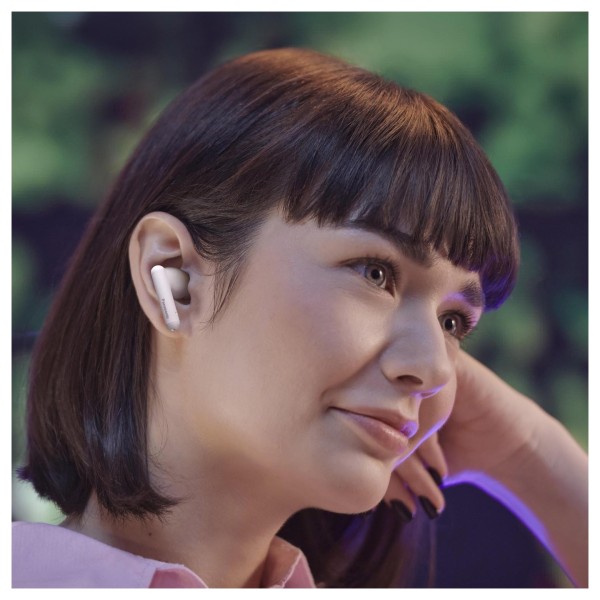 Panasonic RZ-B110WDE Digital Wireless Stereo Earphones, White - Lifestyle Image, modelled