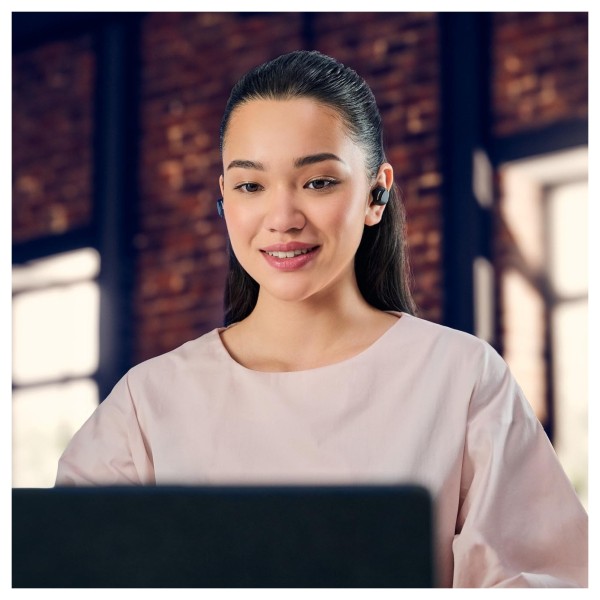 Panasonic RZ-B120WDE Digital Wireless Stereo Earphones, Black - Lifestyle Image, Bluetooth 5.3 connected to laptop