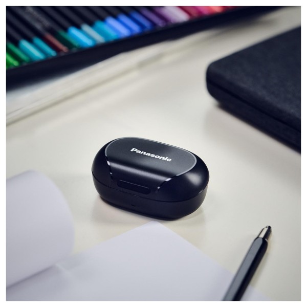Panasonic RZ-B120WDE Digital Wireless Stereo Earphones, Black - Lifestyle Image, compact charging cradle