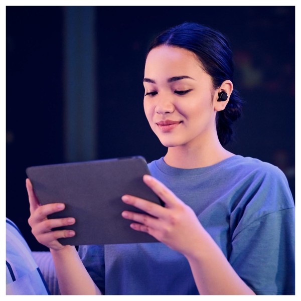 Panasonic RZ-B120WDE Digital Wireless Stereo Earphones, Black - Lifestyle Image, Bluetooth 5.3 connected to tablet