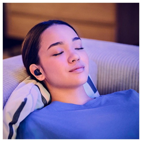 Panasonic RZ-B120WDE Digital Wireless Stereo Earphones, Black - Lifestyle image, comfortable fit, sleepy
