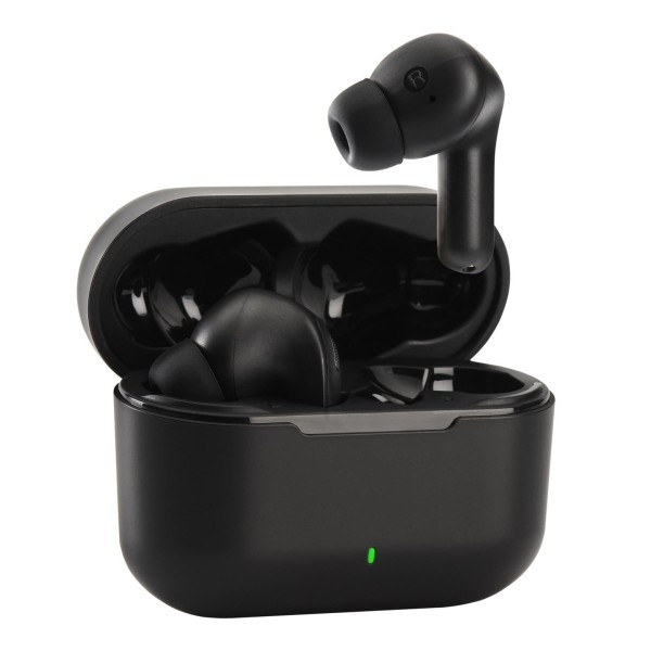 Panasonic RZ-B310WDE HNC Wireless Earphones, Black - Charging cradle and earphones, angled