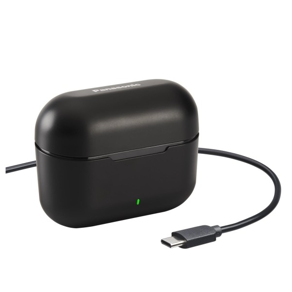 Panasonic RZ-B310WDE HNC Wireless Earphones, Black - Charging cradle and USB A-C charging cord