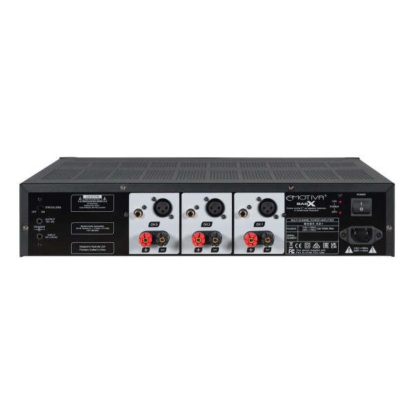 Emotiva BasX A3+ Three Channel Power Amplifier, Black - Rear view and connections