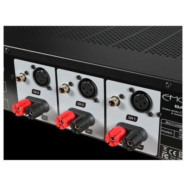 Emotiva BasX A3+ Three Channel Power Amplifier, Black - Detail image, Balanced, Unbalanced, and Speaker connections