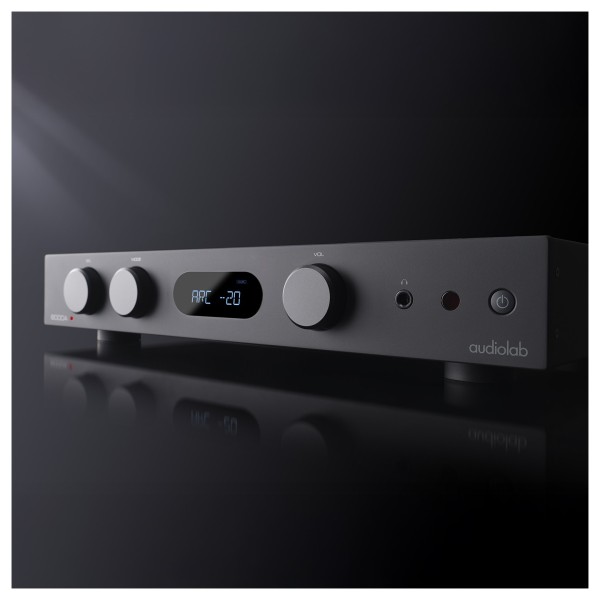 Audiolab 6000A MKII Integrated Amplifier, Aluminium Black - Artisitc Image, detailing the front panel