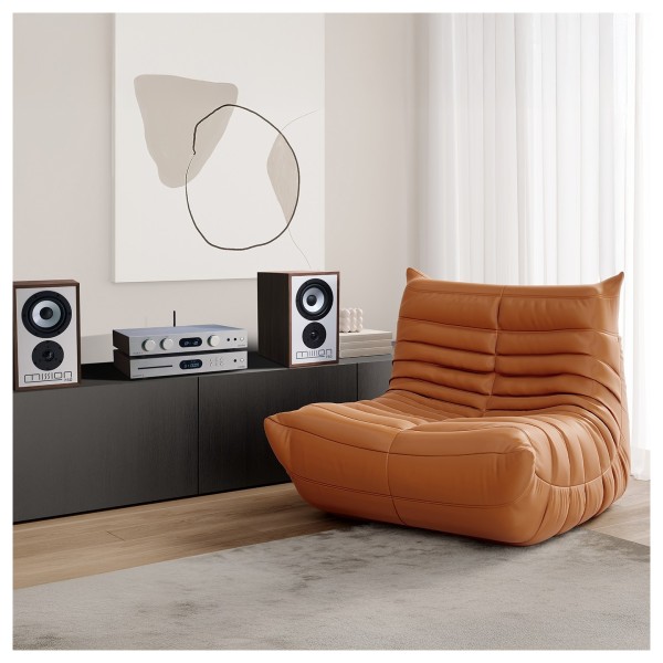Audiolab 6000A MKII Integrated Amplifier, Aluminium Silver - orange chair 