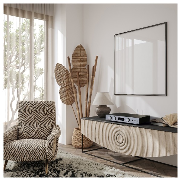 Audiolab 6000A MKII Integrated Amplifier, Aluminium Silver - side table silver with fan leaves 