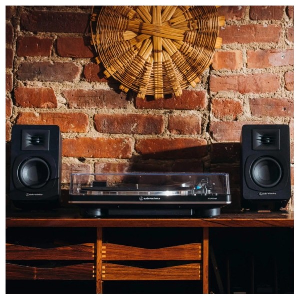Audio Technica AT-SP3X Powered Bookshelf Speakers (Pair), Black - Lifestyle Image
