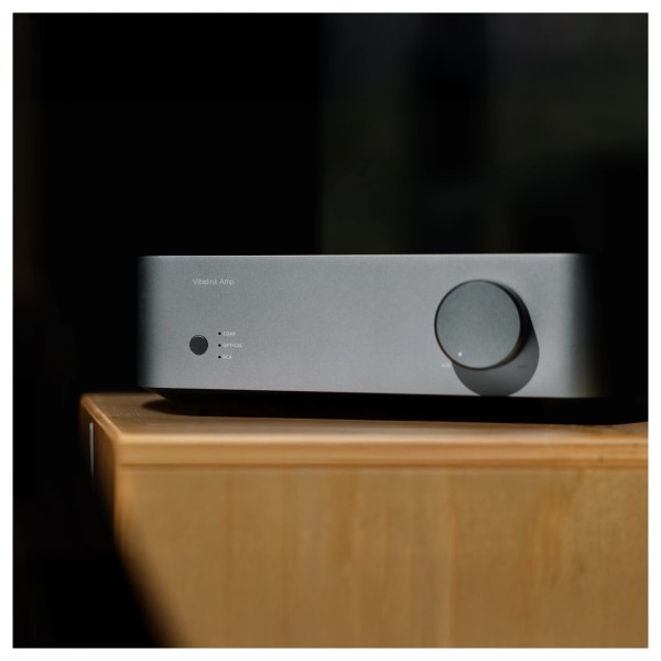 WiiM Vibelink Streaming Amplifier, Space Grey - wooden table 