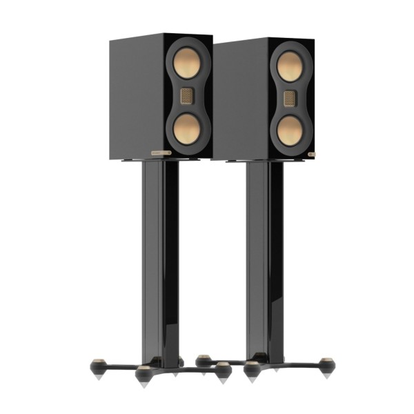 Monitor Audio Studio 89 Bookshelf Speakers (Pair), Black - pair on stands angle 