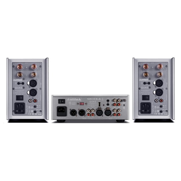 Quad 33 Pre-Amplifier and Pair of 303 Power Amplifiers Bundle (2024 Edition) - rears of amp and pre