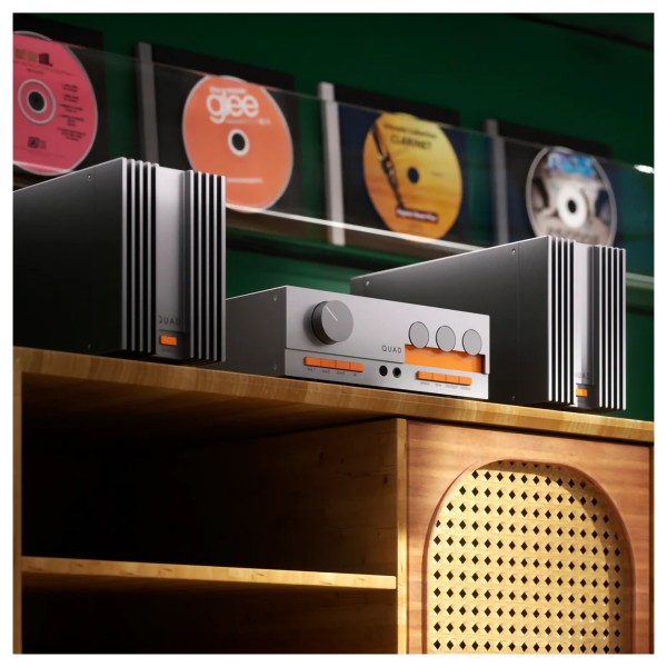 Quad 33 Pre-Amplifier and Pair of 303 Power Amplifiers Bundle (2024 Edition) - wooden sidetable 