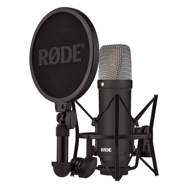 Rode NT1 Signature Series Condenser Microphone, Black - Angled with Mount