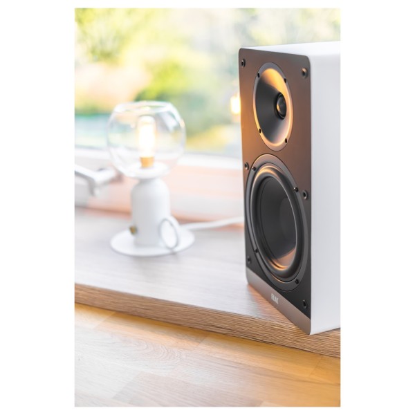 ELAC Debut ConneX DCB61 Active Speakers (Pair), White - Lifestyle Image up close