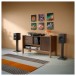 KEF Q3 Meta Bookshelf Speakers (Pair), Satin Black - Lifestyle Image, on stands, turntable setup