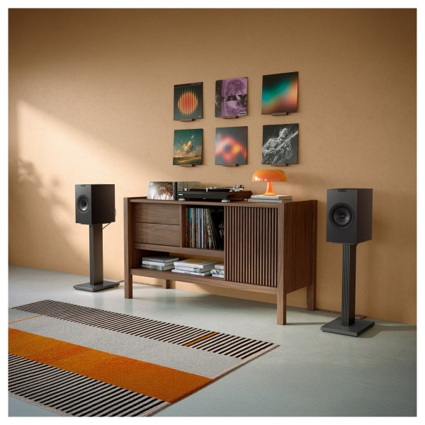 KEF Q3 Meta Bookshelf Speakers (Pair), Satin Black - Lifestyle Image, on stands, turntable setup