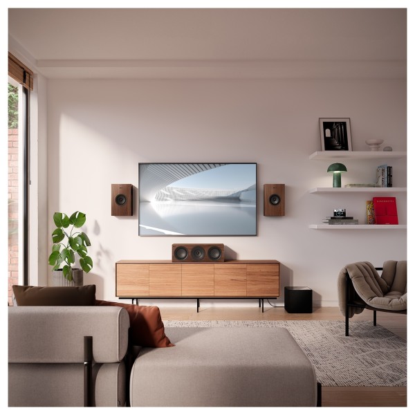 KEF Q4 Meta On-Wall Speaker (Single), Walnut - Lifestyle Image, living room, with TV