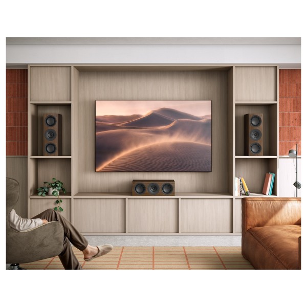 KEF Q6 Meta Centre Speaker, Walnut - Lifestyle Image, LCR channel setup