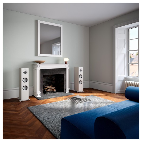 KEF Q7 Meta Floorstanding Speakers (Pair), Satin White - Lifestyle Image, living room