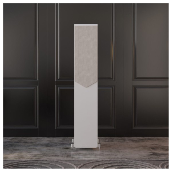 Acoustic Energy AE309 MKII Floorstanding Speakers (Pair), Matt White - Lifestyle image, grille attached