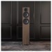 Acoustic Energy AE309 MKII Floorstanding Speakers (Pair), Walnut Veneer - Lifestyle Image, no grille