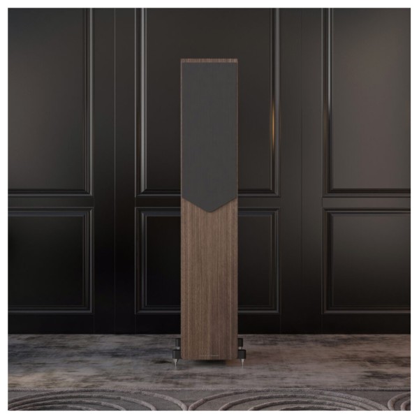 Acoustic Energy AE309 MKII Floorstanding Speakers (Pair), Walnut Veneer - Lifestyle image, grille attached