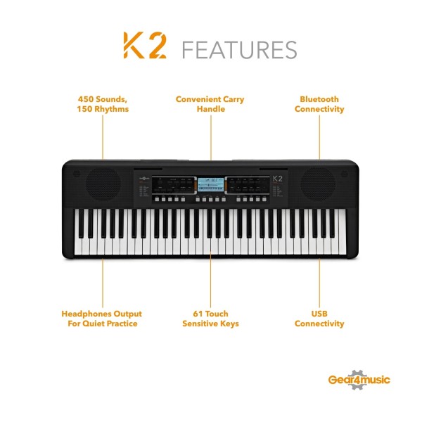 K2 61-Note Keyboard with Bluetooth by Gear4music, Complete Pack