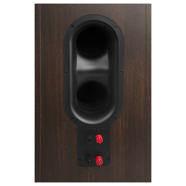 JBL Stage 280F Floorstanding Speaker, Black - Close-up of cable terminals and Dual Flared Racetrack Rear-Firing Tuned Ports