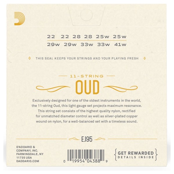 D'Addario EJ95 Silver-Plated Copper 11 String Oud, 22-41 - back 