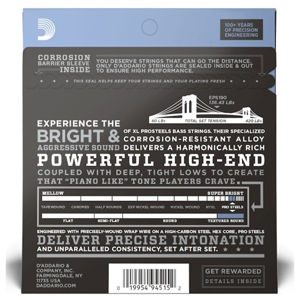 D'Addario EPS190 Pro Steels Bass, Long Scale, Custom Light, 40-100 - back 