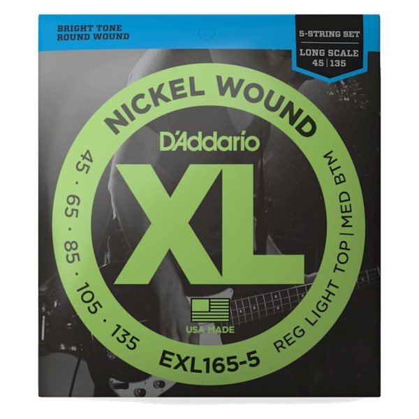 D'Addario EXL165-5 Nickel Wound 5 String Bass, Custom Light, 45-135 Long Scale - front