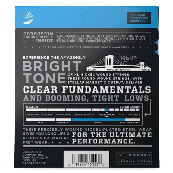 D'Addario EXL170-5SL Nickel Wound Bass, 5 String, Light, 45-130, Super Long Scale - back 