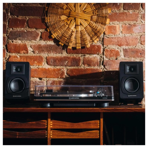 Audio Technica AT-SP3X Powered Bookshelf Speakers (Pair), Black Lifestyle View