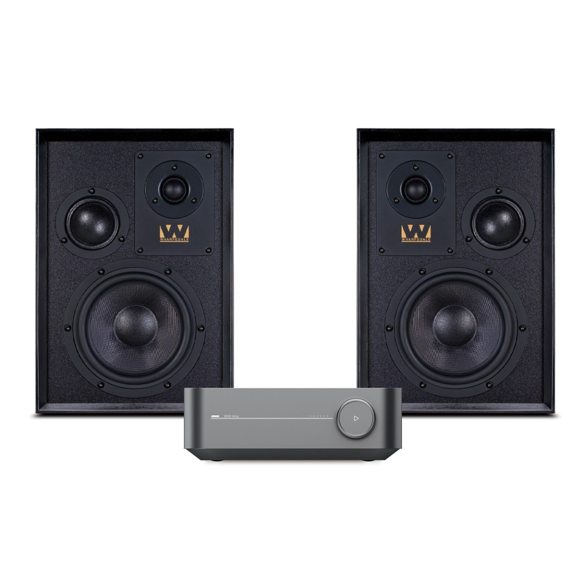 WiiM Amp Streaming Amplifier with Wharfedale Super Denton Speakers Space Grey & Black