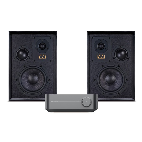 WiiM Amp Streaming Amplifier with Wharfedale Super Denton Speakers, Space Grey & Black