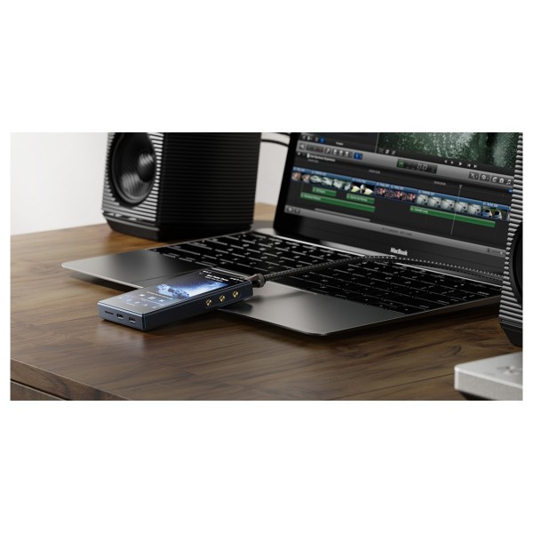 FiiO M21 Digital Audio Player, Blue - Lifestyle Image, connected to FiiO SP3 BT Speakers and Macbook