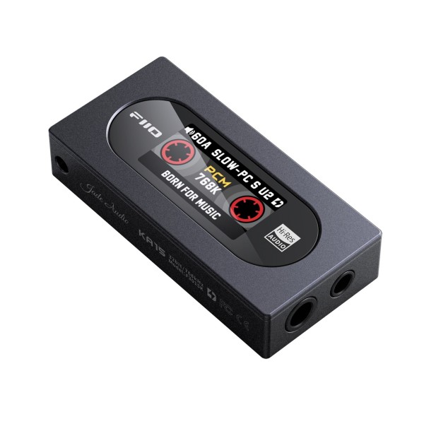FiiO KA15 Portable DAC and Headphone Amplifier, Black - Angled and side view, headphone outputs, balanced and unbalanced