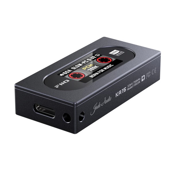 FiiO KA15 Portable DAC and Headphone Amplifier, Black - Angled and side view, USB input