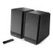 Edifier R1855DB Active 2.0 Bluetooth Bookshelf Speaker Set, Matte Black - High angle, with grille and remote control