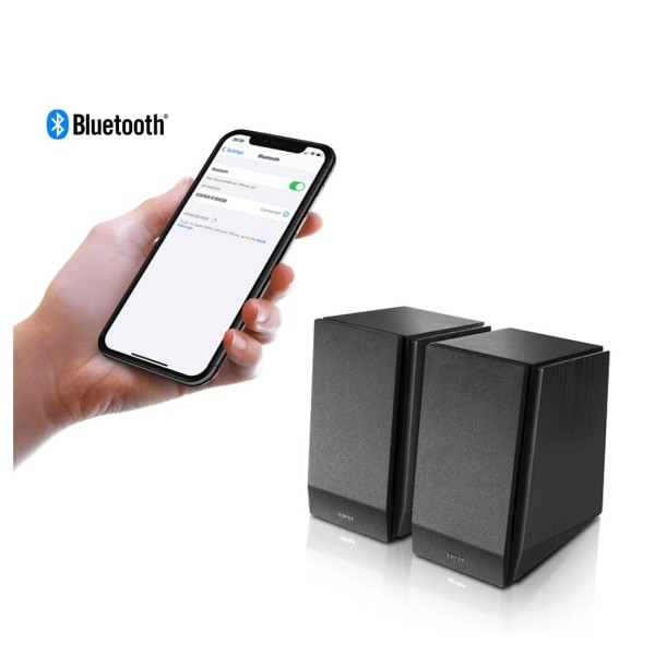 Edifier R1855DB Active 2.0 Bluetooth Bookshelf Speaker Set, Matte Black - Connected to phone via Bluetooth