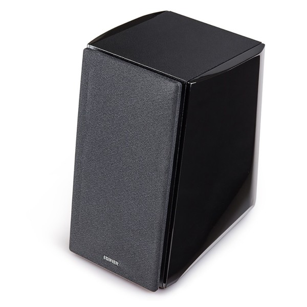 Edifier R2000DB Active 2.0 Bluetooth Bookshelf Speaker Set, Gloss Black - High angle, tilted, grille attached