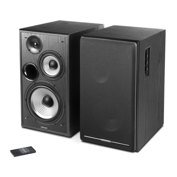 Edifier R2750DB Active 2.0 Bluetooth Bookshelf Speaker Set, Black - High angle, showing remote control and grille