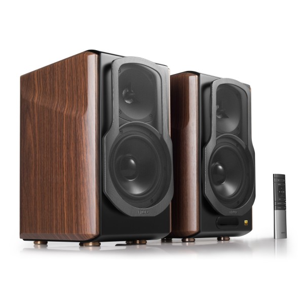 Edifier S2000MKIII Hi-Res Audio Active 2.0 Bluetooth Bookshelf Speaker Set, Brown - Side angle, with grilles attached
