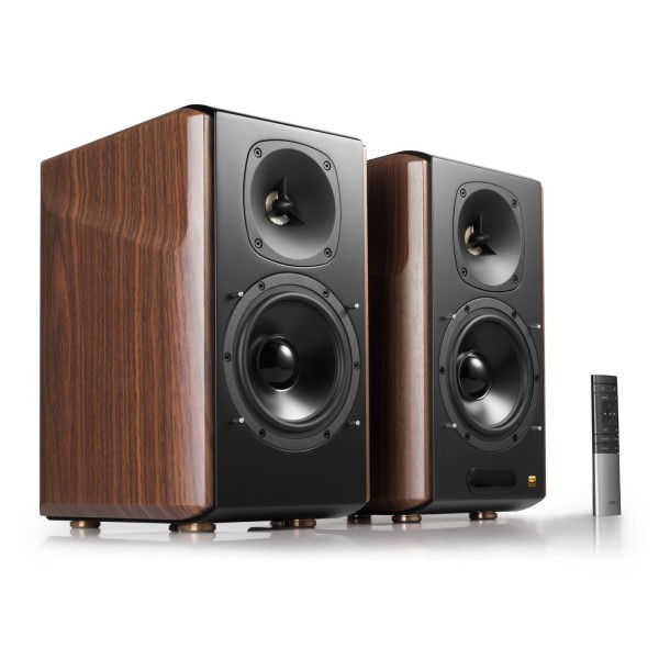 Edifier S2000MKIII Hi-Res Audio Active 2.0 Bluetooth Bookshelf Speaker Set, Brown - Side view, no grilles