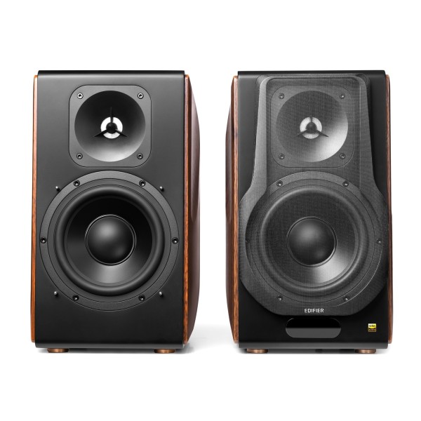 Edifier S3000MKII 2.0 Hi-Res Wireless Bluetooth Bookshelf Speaker Set, Brown - Front view, one with grille, one without
