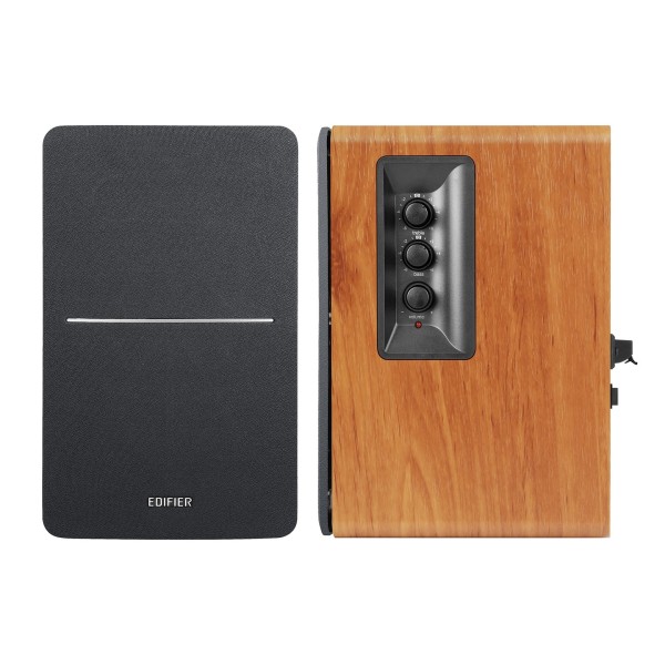 Edifier R1280TS Active 2.0 Bookshelf Speaker Set, Brown - side and front 